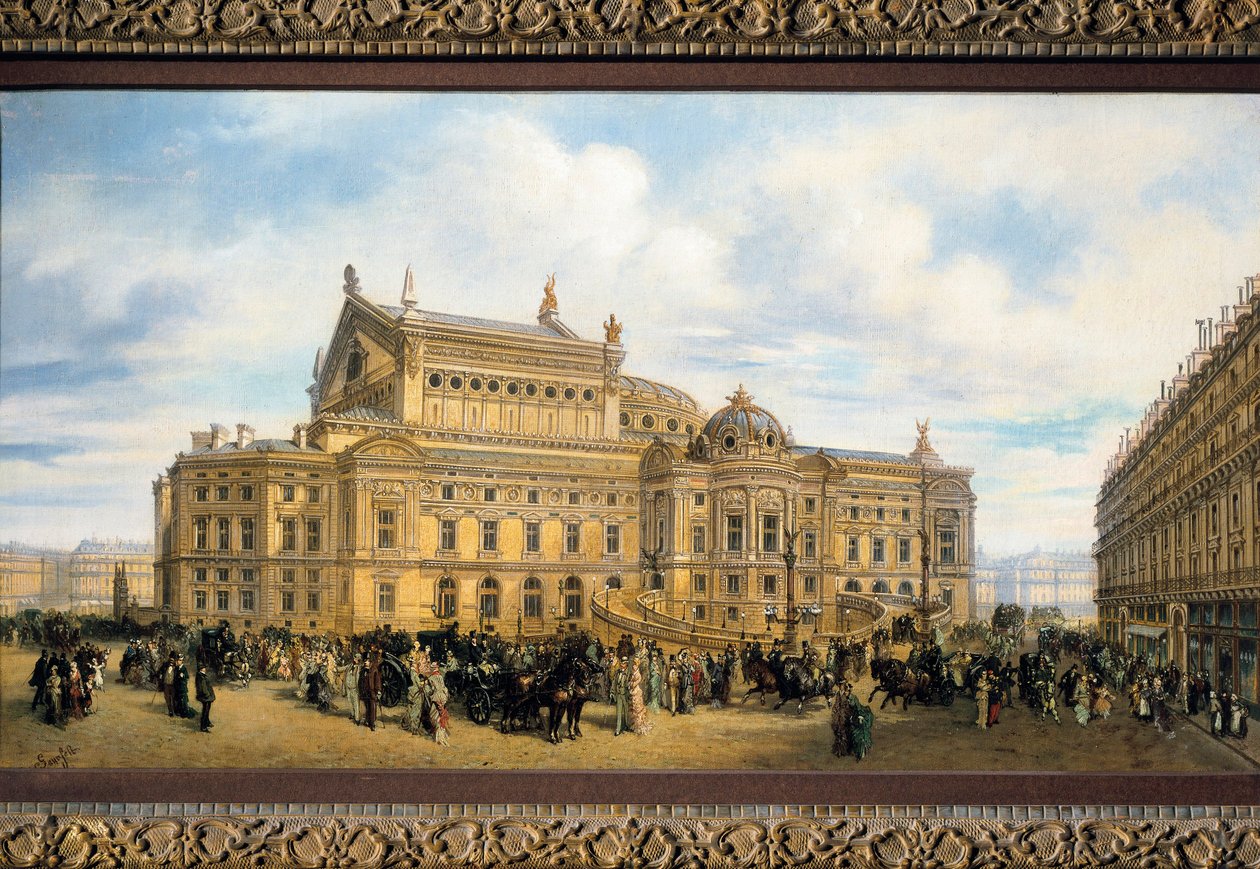 Paris-operaen bygget av Charles Garnier, utsikt fra Rue Auber (olje på lerret) av French School