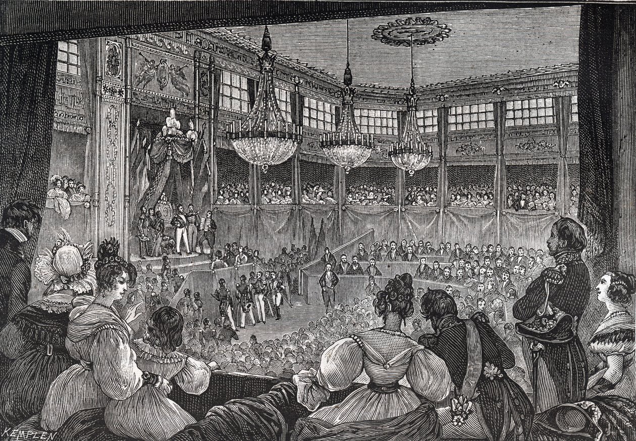 Louis-Philippe I is sworn in as king before the Chamber of Deputies, 9th August 1830 - Revolution of 1830: “” King Louis Philippe I (1773-1850) sworn to maintain the Charter of 1830 in the presence of the chambers reunited in the provisional hall of the Pa av French School