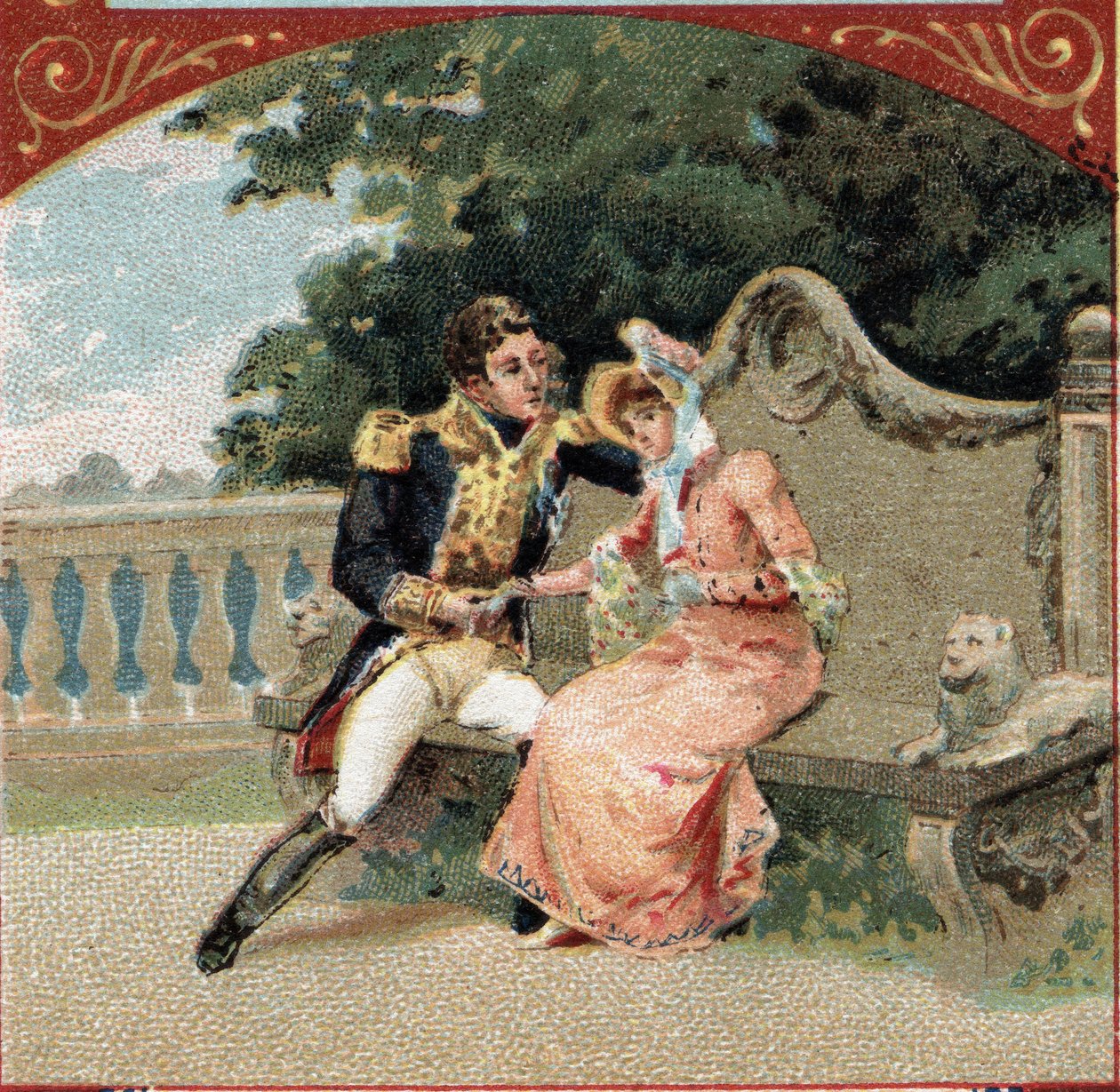 Louis Alexandre (Louis-Alexandre) Berthier (1753-1815), prins av Wagram, med Madame Visconti, hans elskerinne, på Chateau de Grosbois. Kromolitografi på slutten av 1800-tallet av French School