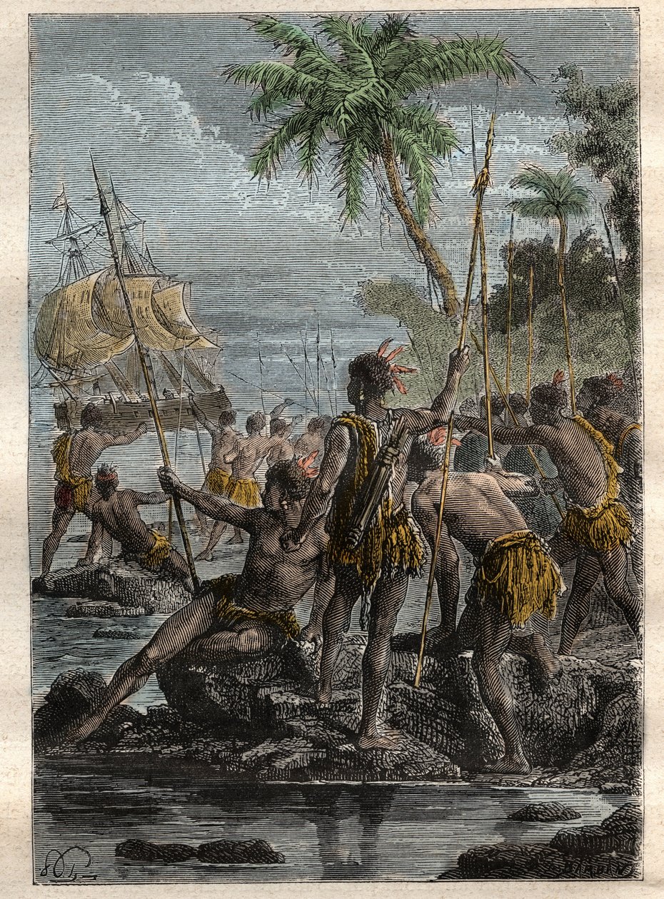 Louis Antoine, greve av Bougainville (1729-1811) ankom Ile des Lancies (Fransk Polynesia) i 1768 - illustrasjon hentet fra "The Grands Mariners of the 18th century" av French School