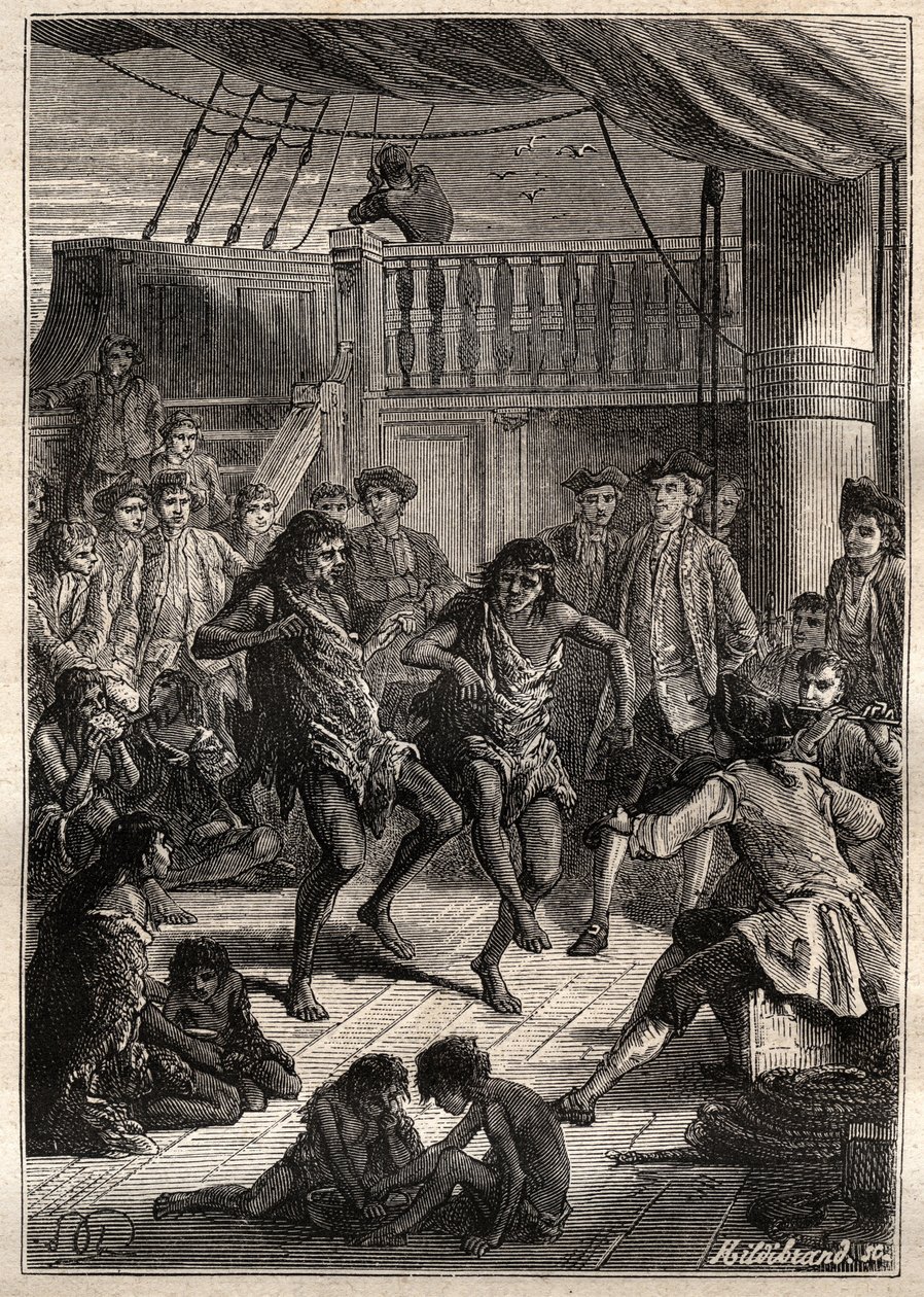 Louis Antoine, greve av Bougainville (1729-1811) mottok innbyggerne i Bay Fortescue (Detroit of Magellan) i sin båt "" La Boudeuse""" i 1768 - illustrasjon fra "The Great Mariners of the 18th century" av French School
