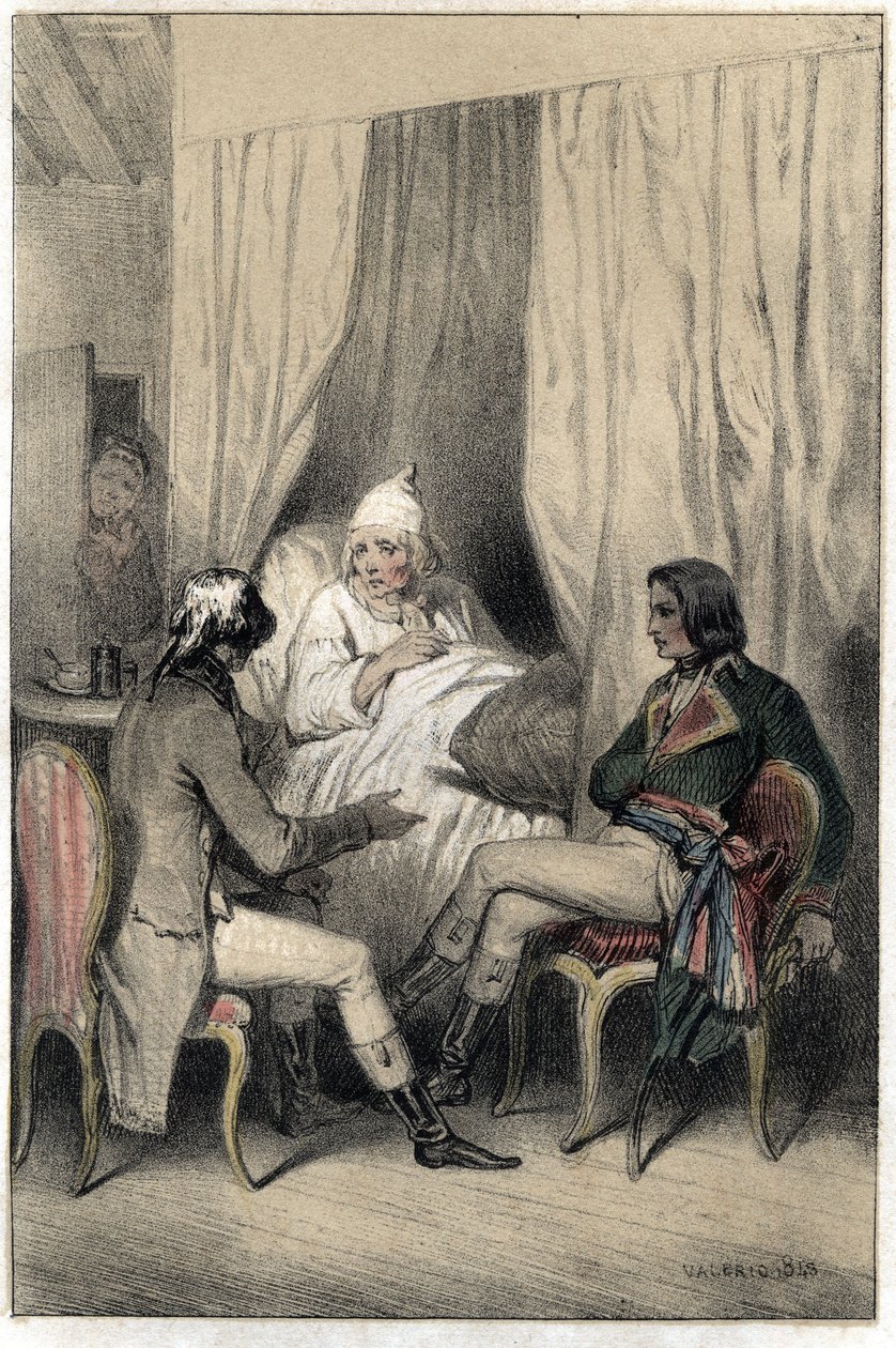 Louis Antoine Fauvelet de Bourienne (1769-1834), French diplomat and administrator, and General Napoleon Bonaparte (1769-1821) asked a sick old capitalist for money for the Italian campaign. Plate taken from “” Scenes de la vie des hommes famous””” engravi av French School