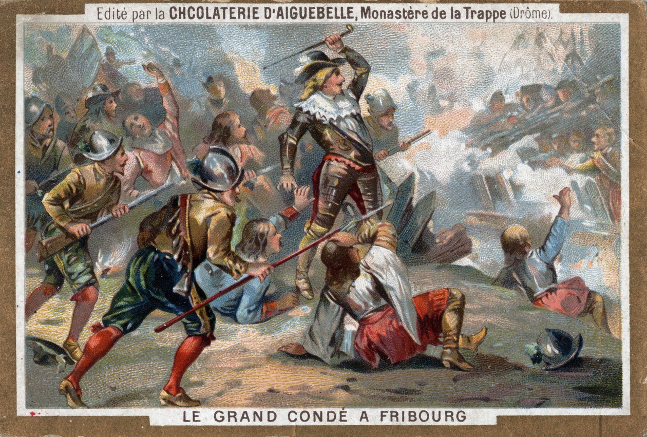 Louis II av Bourbon, Prince of Conde (Bourbon-Conde), kjent som Le Grand Conde, i slaget ved Fribourg i 1644. Kromolitografi av 1800-tallet. av French School