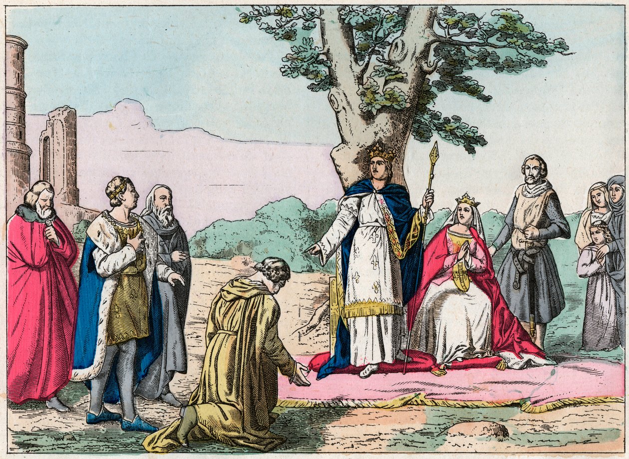 Louis IX, dit "Saint-Louis"" (1214-1270) yter rettferdighet til alle sine undersåtter i Bois de Vincennes - Saint Louis (1214-1270) yter rettferdighet - Gravering av slutten av 1800-tallet i "Nos Gires Nationales - Bilder og resitasjone av French School