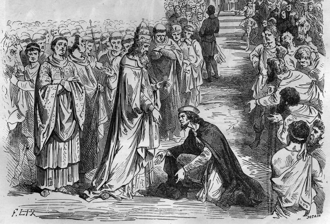 Louis I The Pious eller The Debonnaire (778-840) ved knærne til pave Stephen V (Stefano, pave fra 896 til 897). Gravering i "Histoire des Papes-Rois-Queen and Empereurs a travers les centuries"" av Maurice Lachatre av French School