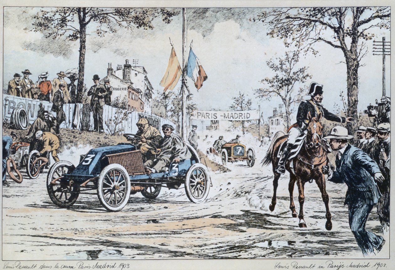Louis Renault kjørte i Paris til Madrid-løpet i 1903, ca. 1903 av French School