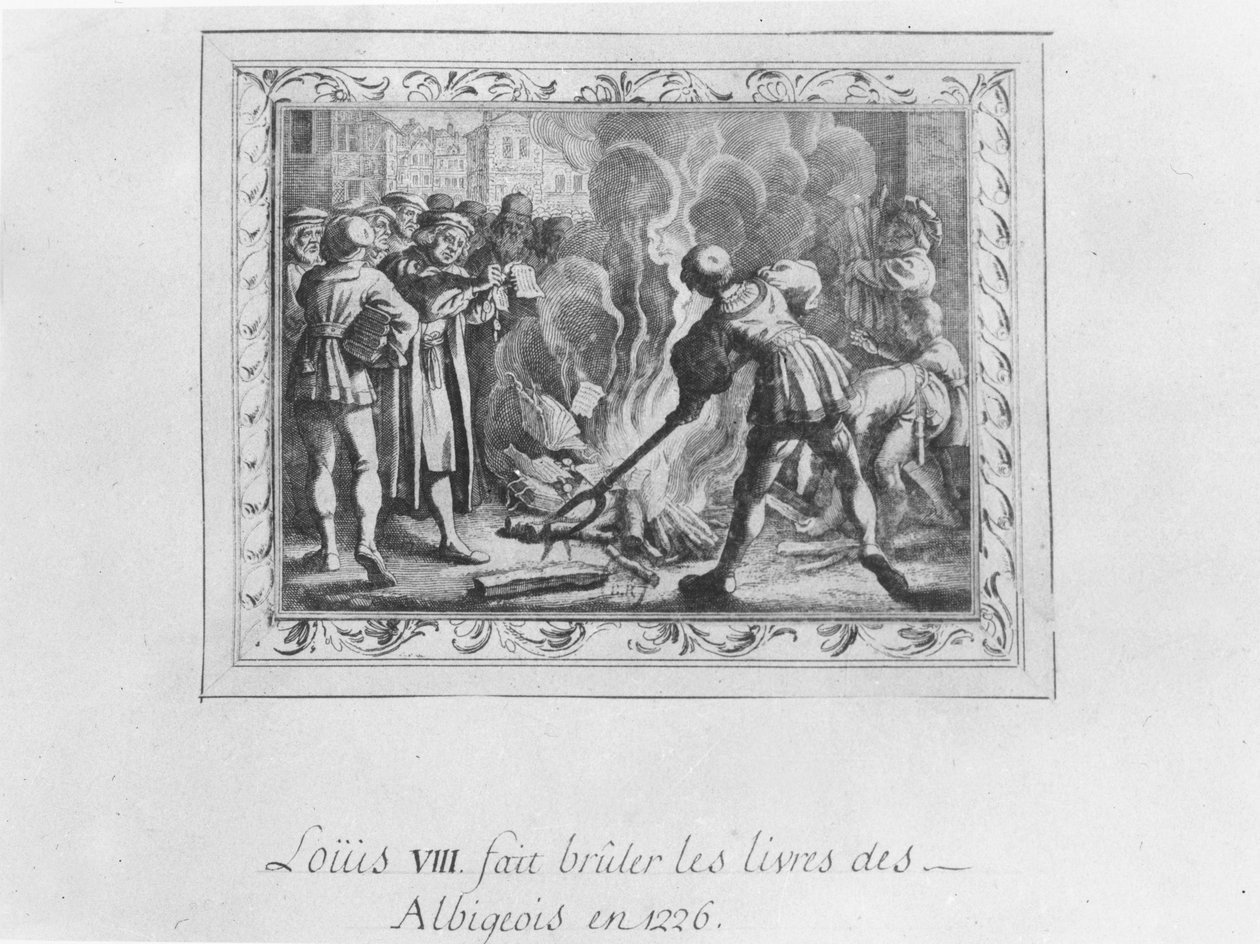 Louis VIII burning the Albigensian books in 1226 (engraving) av French School