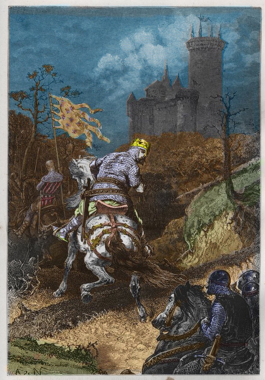 Louis VI kalt "" le Gros"" (1081 - 1137), på en ekspedisjon av A. DE NEUVILLE - Ludvig den tykke på en ekspedisjon gravering fra "" Frankrikes historie fortalt til mine barnebarn"" - av Francois Guizot - 1872-1876 av French School