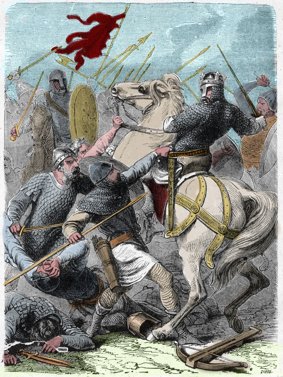 Louis VI sa at "The Gros" (1081 - 1137), i slaget ved Brenneville, forsøkte å ta Normandie fra kong Henry I av England i 1119. Gravering i "" Histoire De France En Cent Paintings av Paul Lehugeur "" 1891. av French School