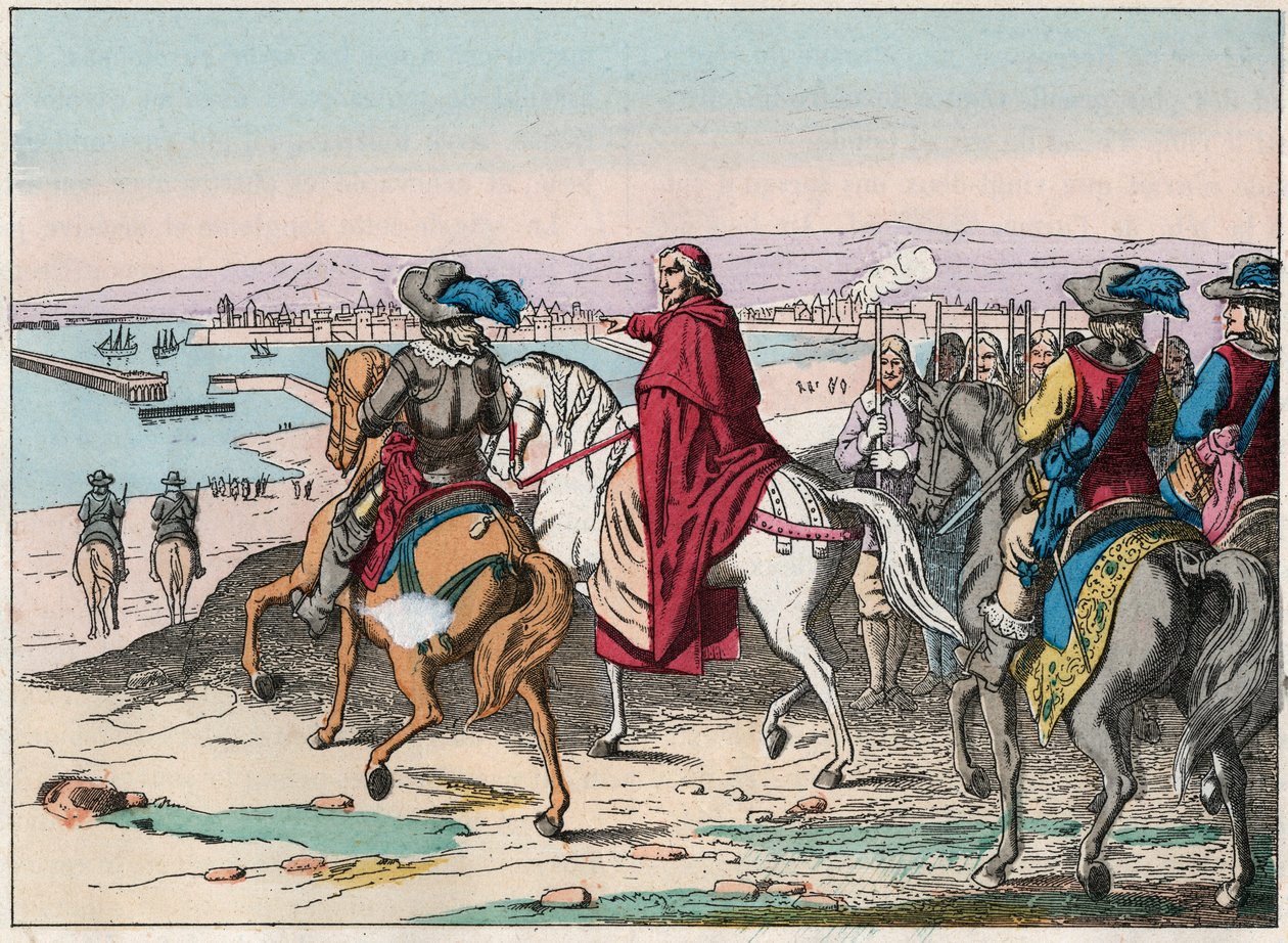 Louis XIII (1601-1643) og kardinal Richelieu ved setet til La Rochelle, place d'armes des Protestants i oktober 1628 - Kardinal de Richelieu og Louis XIII (1602-43) ved beleiringen av La Rochelle i oktober 1628 - Gravering av slutten av 1800-tallet av French School