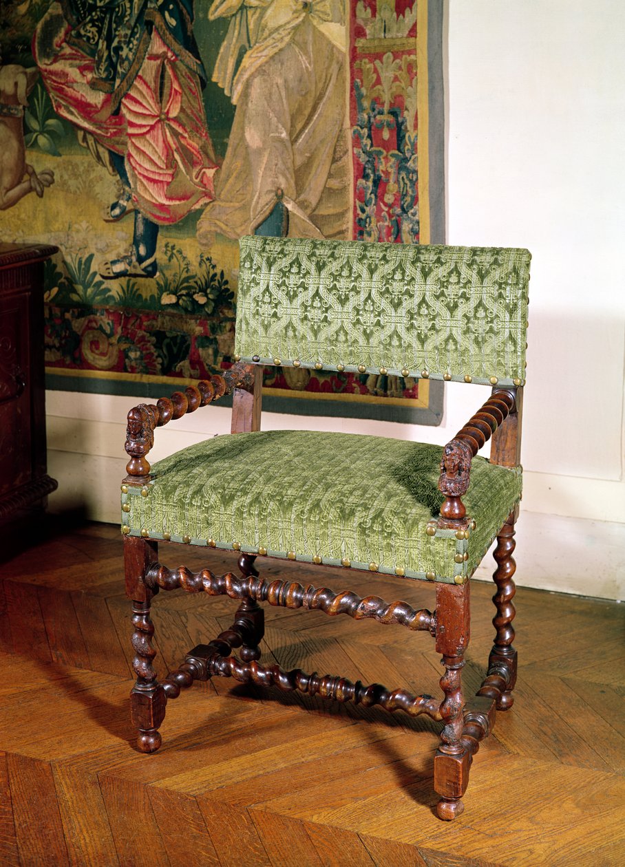 Louis XIII lenestol (tre og damask) av French School