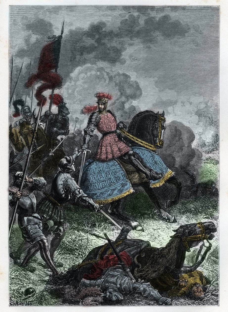 Ludvig XII i slaget ved Agnadel nær Crema i Lombardia vunnet av kongen over venitianerne 14. mai 1509 - Slaget ved Agnadello - Ludvig XII av Frankrike beseirer venetianerne - gravering fra "" L