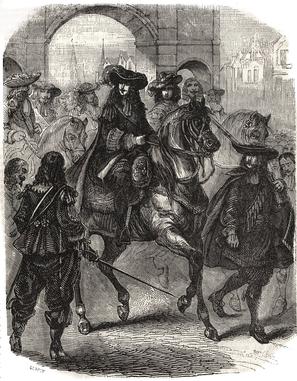 Ludvig XIV (1638-1715) og hans kone Marie Therese (Marie-Therese) av Østerrike (1638-1683) gikk inn i Paris i 1660. Gravering i "" Histoire de France"" av L.-P. Anguetil av French School