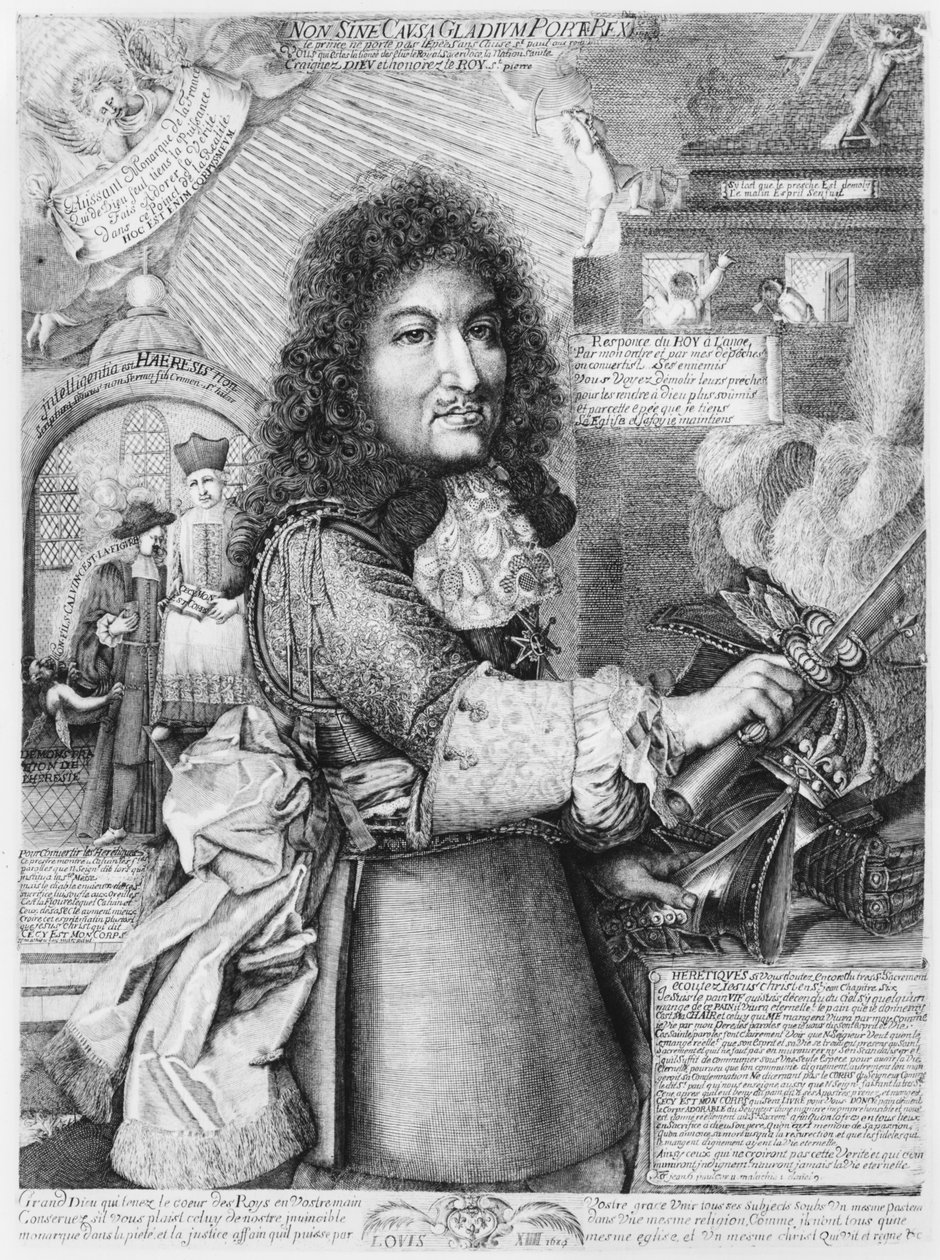 Ludvig XIV (1638-1715) knuste den såkalte protestantiske reformerte religionen med sitt sverd, 1685 av French School
