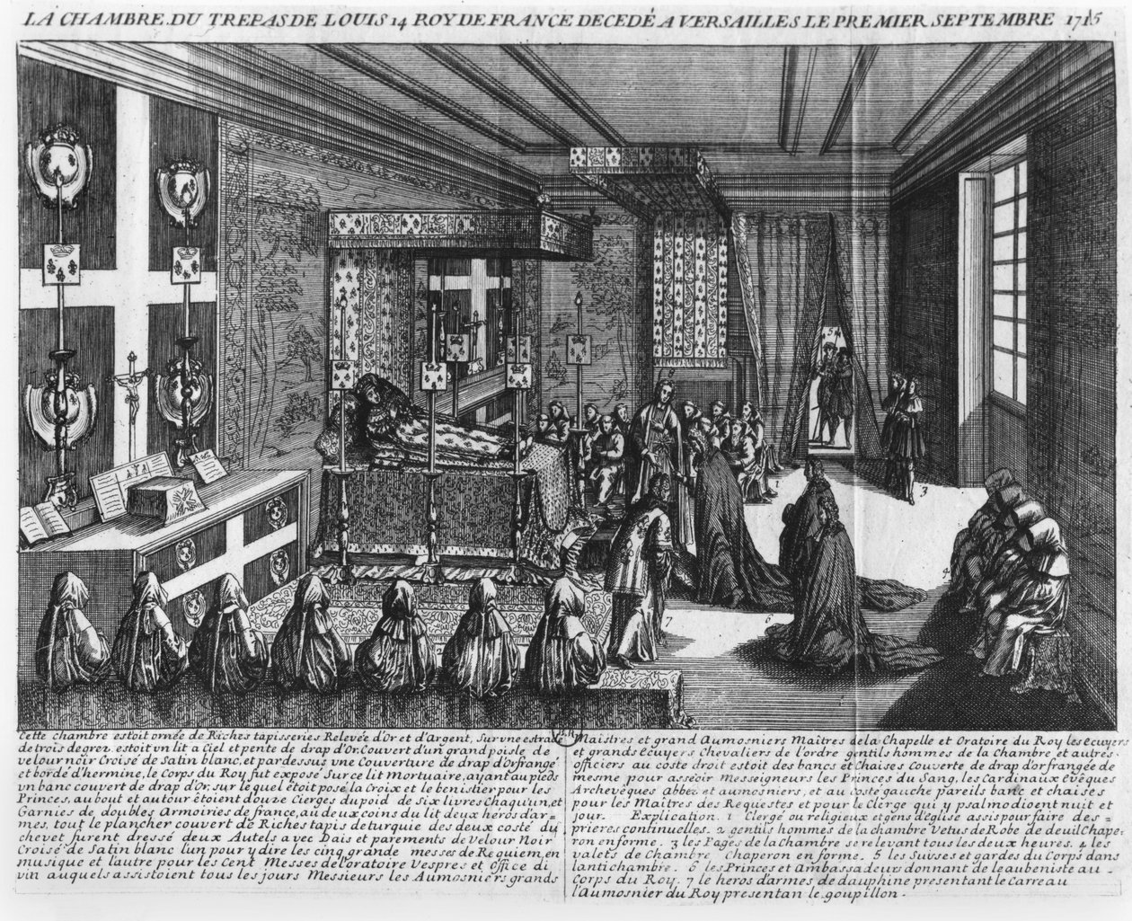 Ludvig XIV (1638-1715) på dødsleie i Versailles, 1. september 1715 av French School