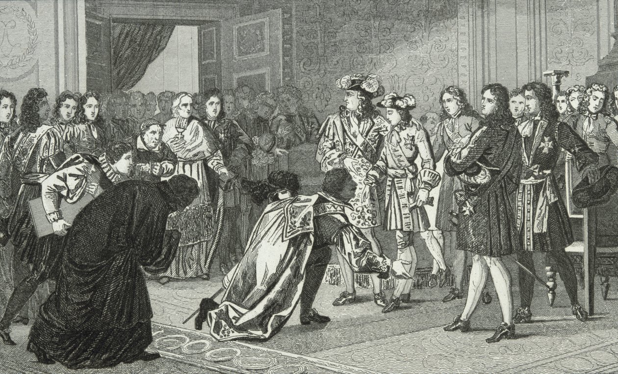 Solkongen Louis XIV (1638-1715) presenterer sitt barnebarn Philippe V (1683-1746) til de spanske utsendingene, fra 