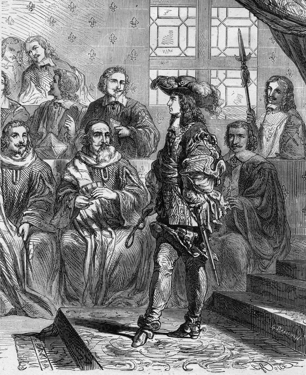 Ludvig XIV (1638 - 1715) var 17 år gammel i 1652 foran parlamentet og tvang presidenten til å oppløse forsamlingen. Gravering i "" Histoire De France En Cent-malerier av Paul Lehugeur "" 1891. av French School