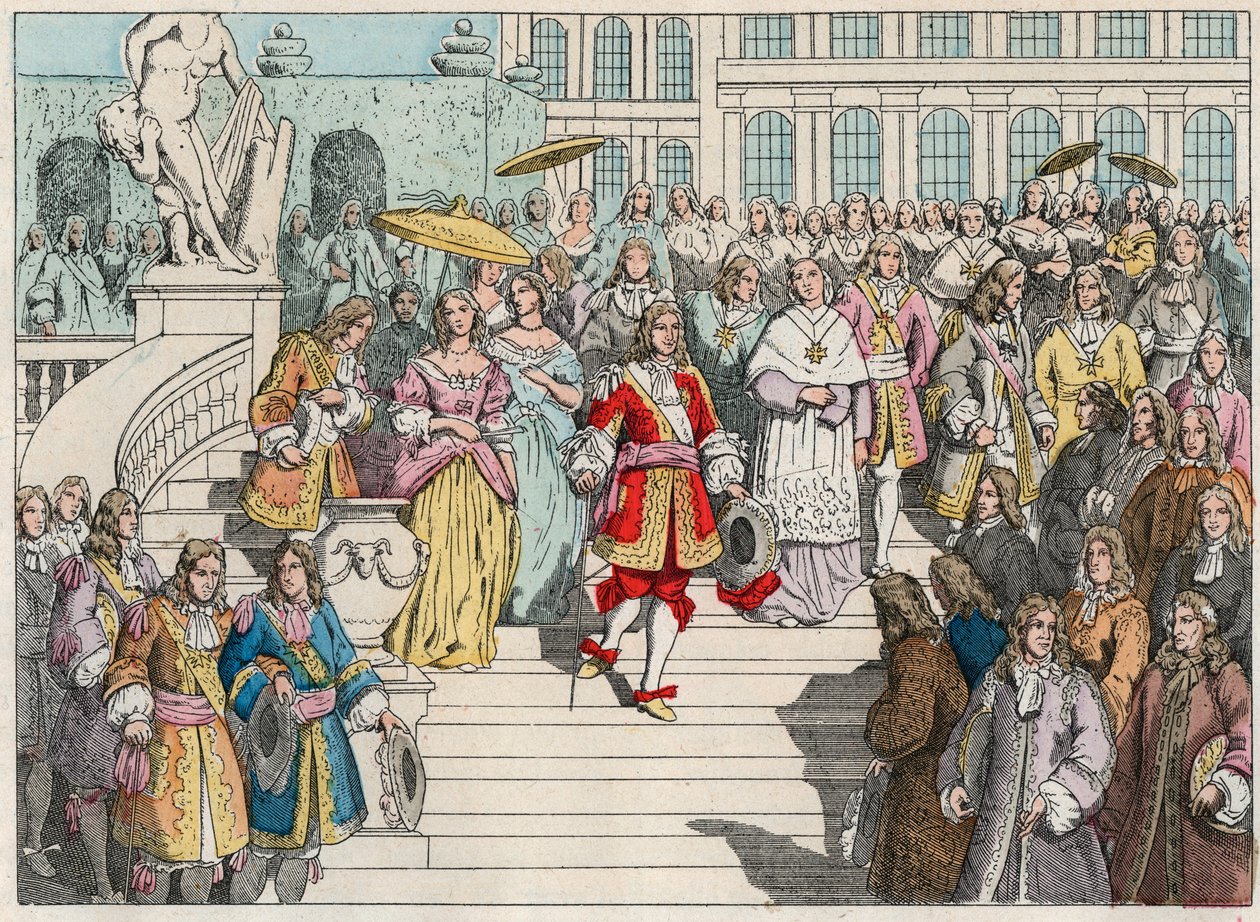 Ludvig XIV (Louis 14) og hans domstol i Versailles - Ludvig XIV av Frankrike og hans domstol i Versailles - Gravering av slutten av 1800-tallet i "" Nos Gires Nationales - Images et recits"" av French School