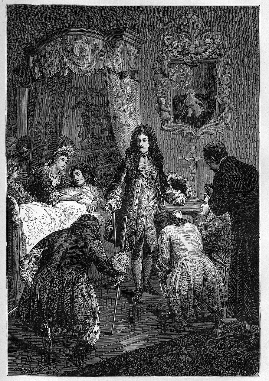 Ludvig XIV besøker Jakob II på dødssengen - Besøk av Ludvig XIV, konge av Frankrike til Jakob II av England (James II Stuart) (1633-1701) døende - gravering i "The History of England, from the most remote times" av Francois Guizot 1877 av French School