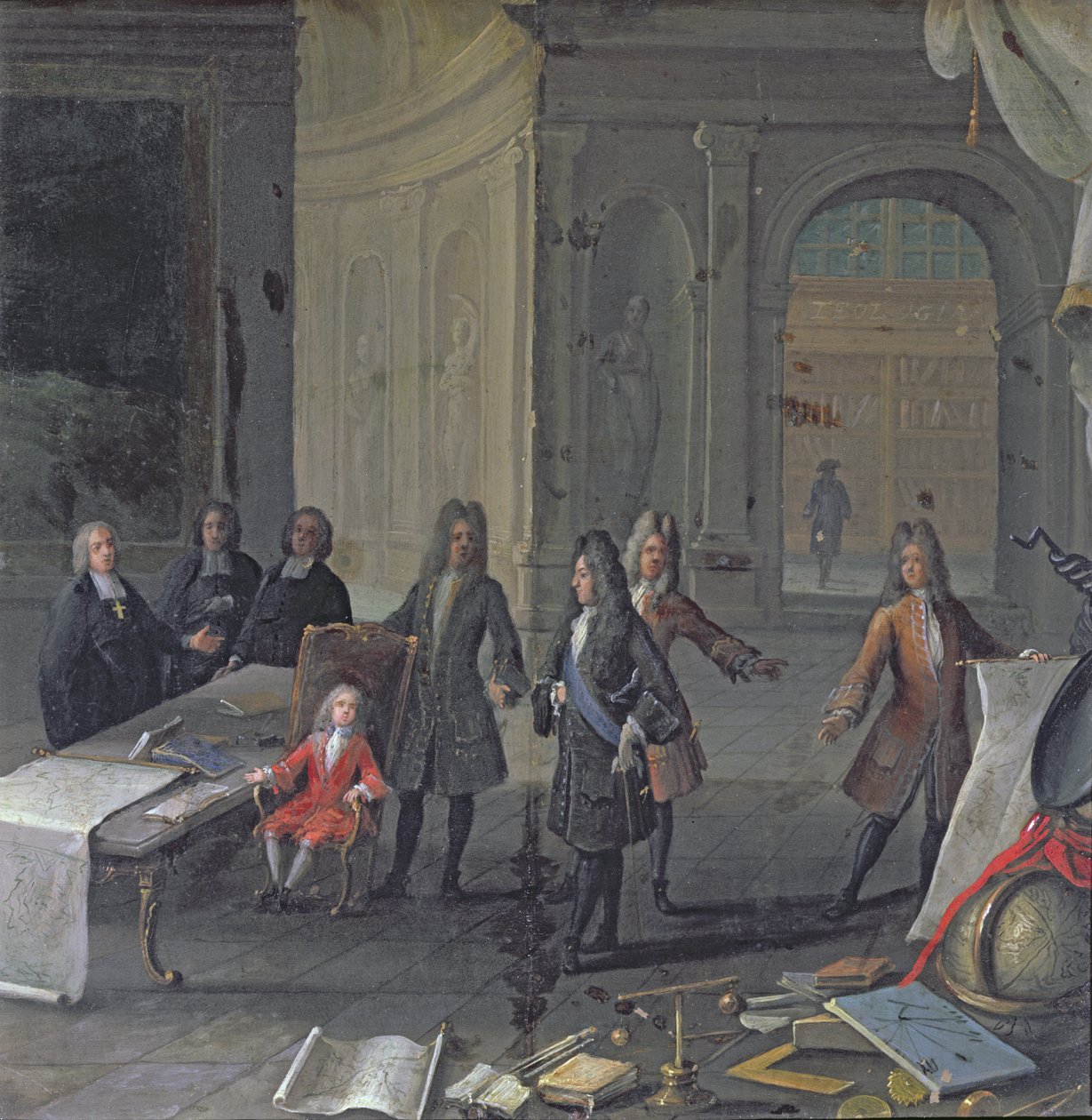 Ludvig XIV deltar på en leksjon av hans oldebarn, den fremtidige Ludvig XV, ca. 1715 av French School