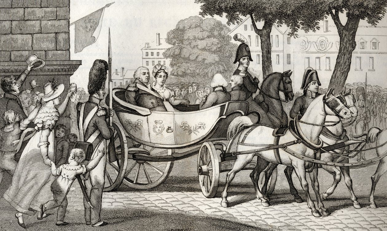 Louis XVIII (1755-1824) går inn i Paris ved restaureringen i 1814, fra 