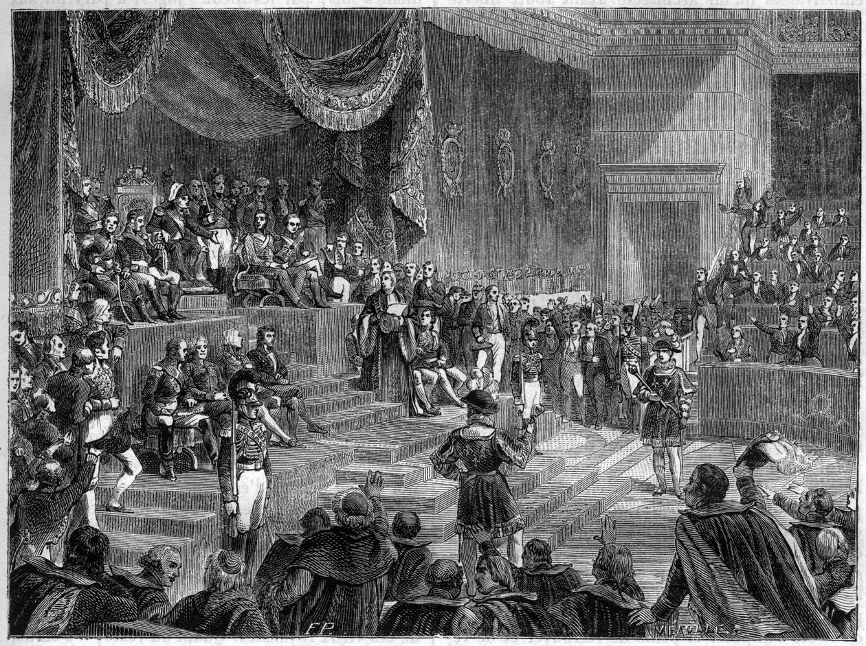 Louis XVIII and the establishment of the Constitutional Monarchy - Constitutional Charter of 4 June 1814 - Louis XVIII presides over the opening of the session of the Chambers on 4 June 1814 at the Palais Bourbon in Paris - in “Histoire de l