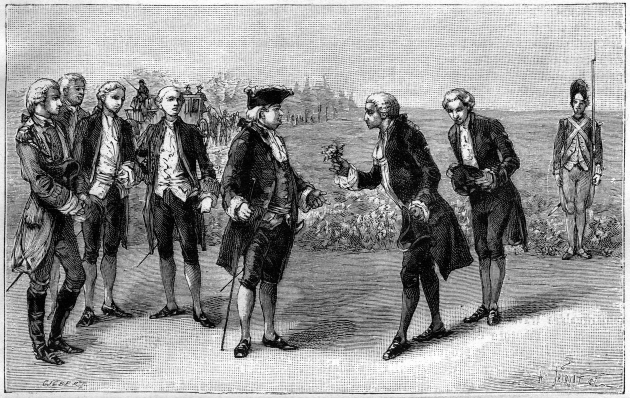 Louis XVI (1754-1793) som besøkte den første potetåkeren på Sablons-sletten (dagens avenue de la Grande Armee, Paris), tilbød Antoine Augustin Parmentier (1737-1813) ham potetblomster, rundt 1785. Gravering i " "La Nature. Revue des sciences av French School