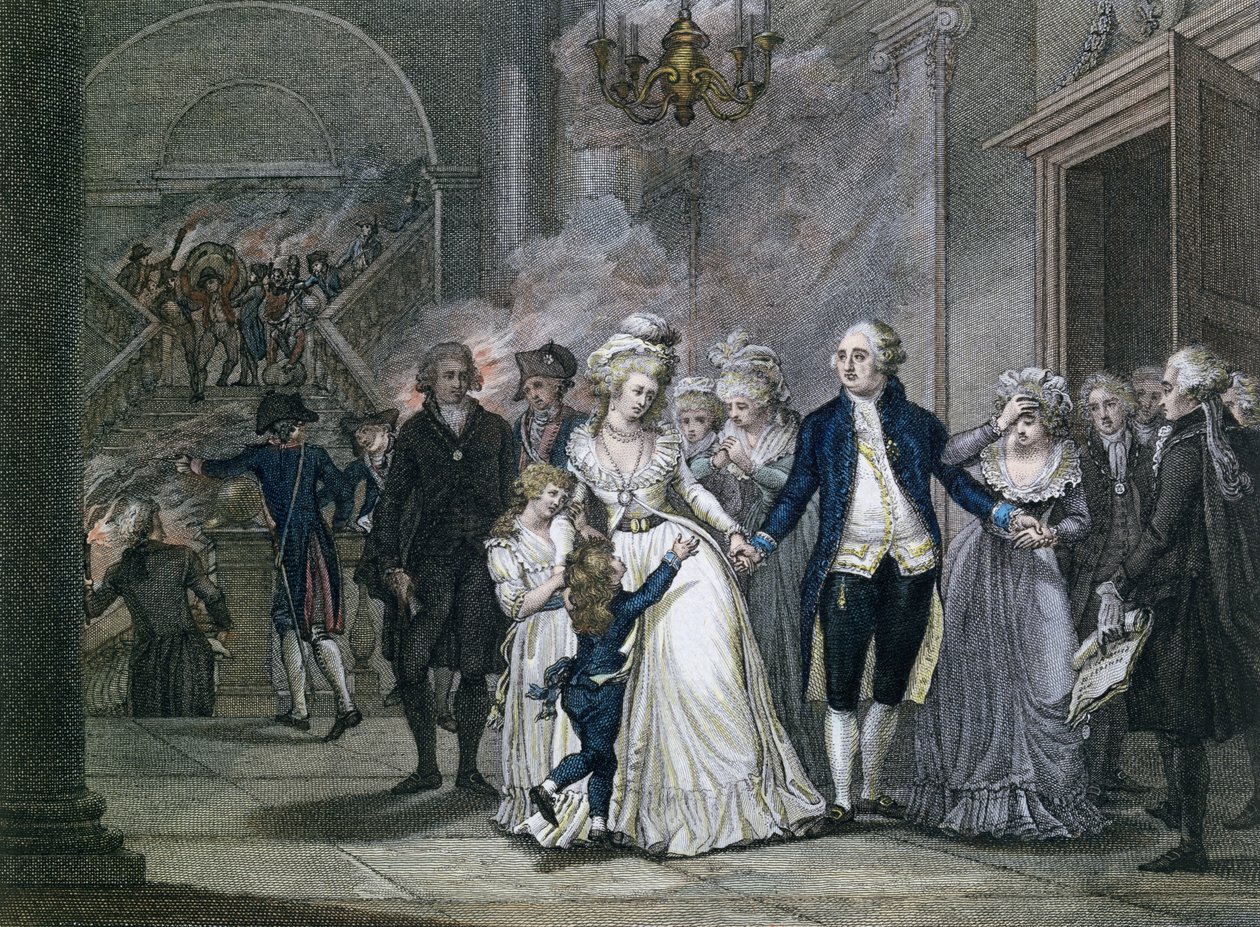 Louis XVI (1754-93) tar farvel med sin familie, 20. januar 1793, gravert av Reinier Vinkeles (1741-1816) og Daniel Vrydag (1765-1822) av French School