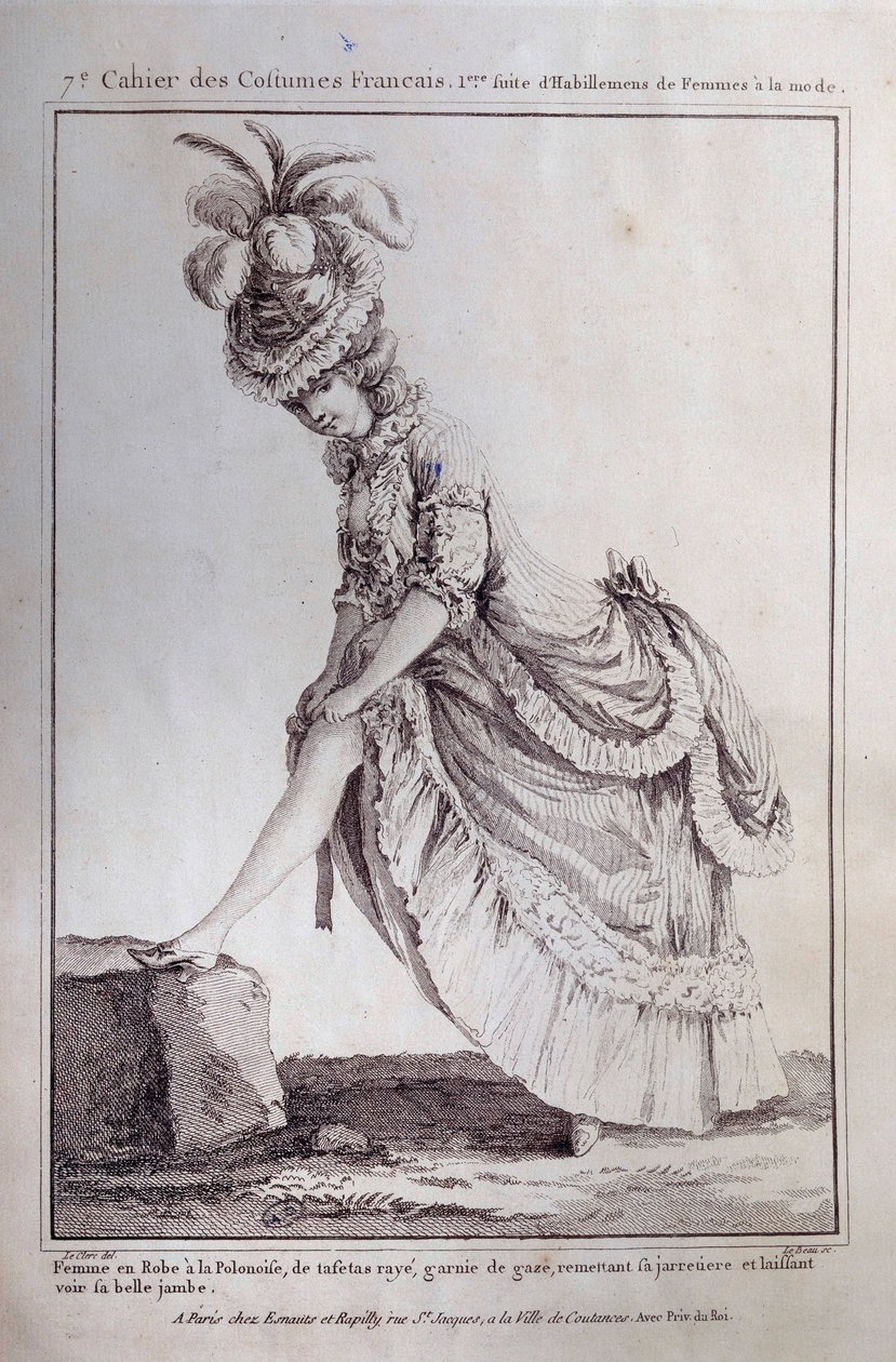 Louis XVI-mote: et fotportrett av en ung kvinne i en polsk kjole i stripet taft. Gravering fra 1778. Paris, dekorativ kunst av French School