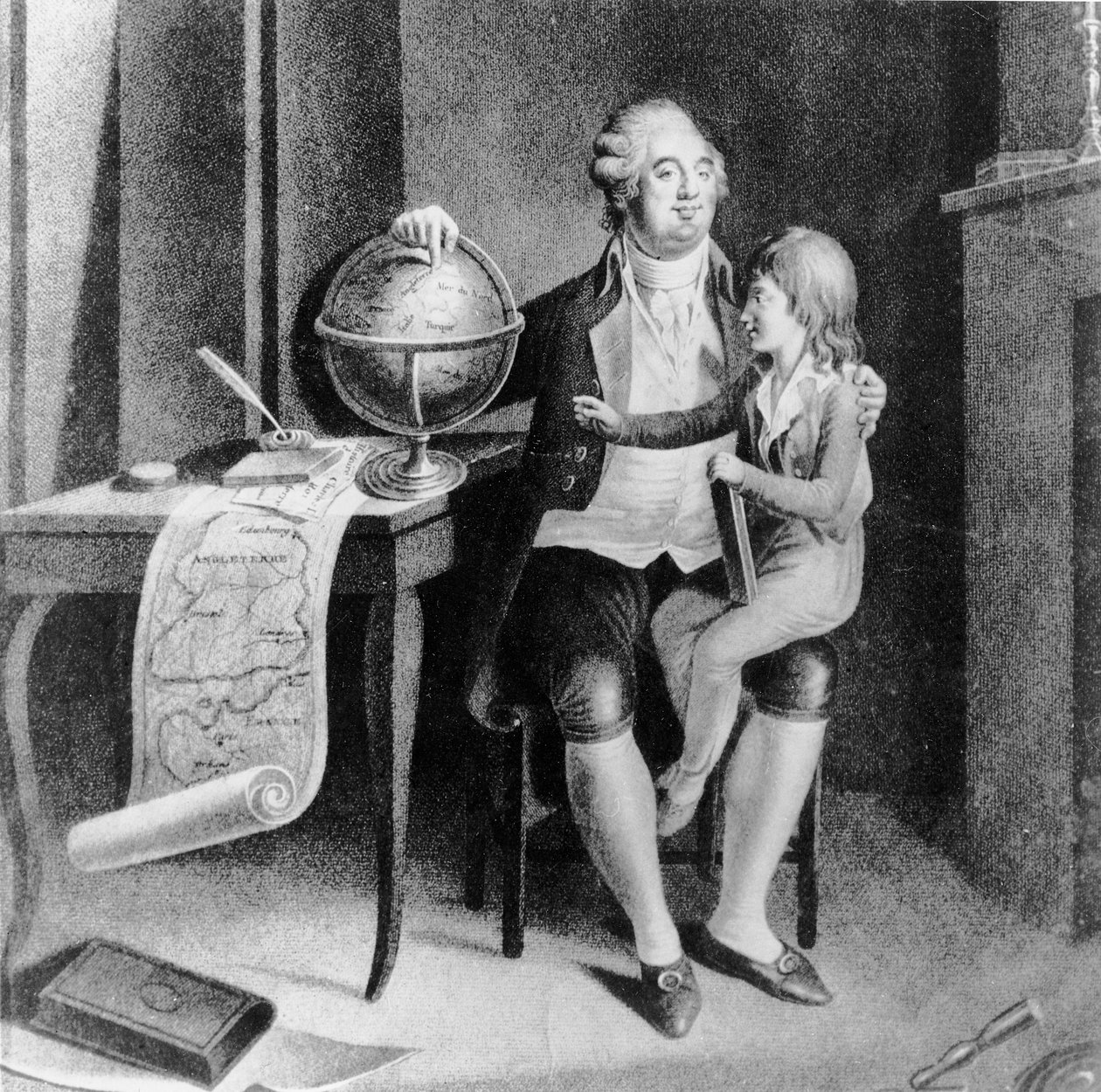 Louis XVI lærer geografi til Dauphin (litho) av French School