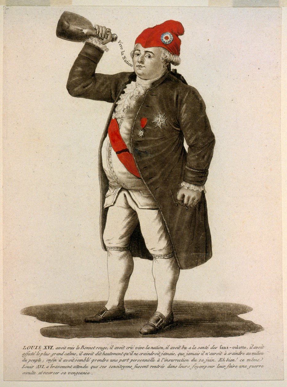 Louis XVI iført den røde hetten, gråt "Long Leve the Nation", pub 1792 (håndfarget etsning) av French School