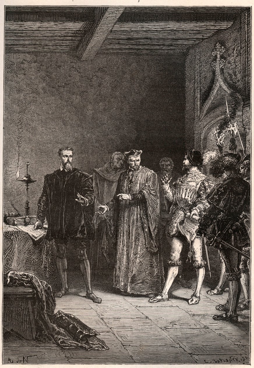 Louis de Berquin (1485-1529), ridder og humanist, religiøs reformator, frigjort av Jean de la Barre (1523-1533) prevot de Paris - Louis de Berquin (til venstre) løslatt fra fengselet av John de la Barre - gravering fra "" Frankrikes historie fort av French School