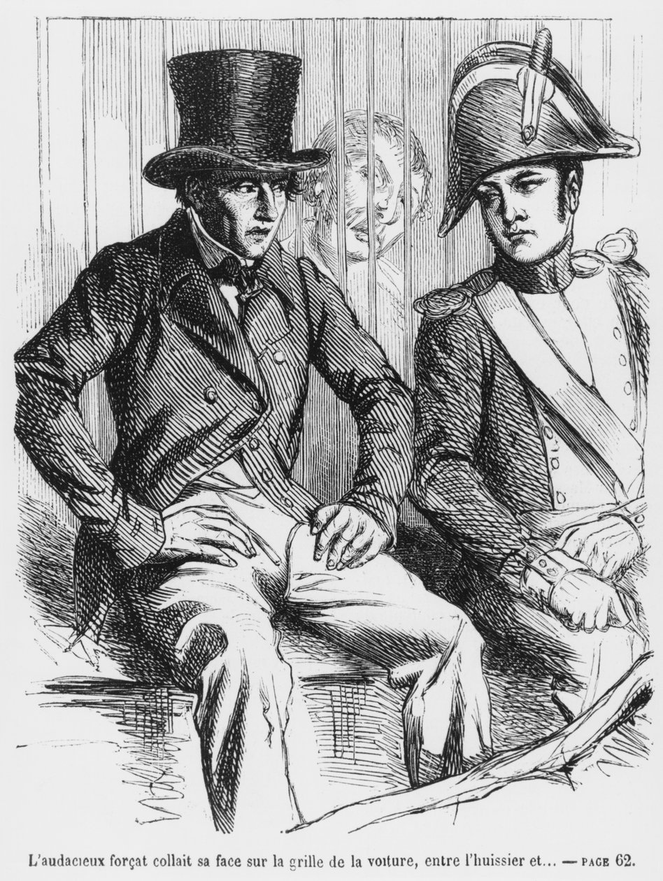 Lucien de Rubempre og Vautrin arrestert, illustrasjon fra Splendeurs et Miseres des Courtisanes av Honore de Balzac, utgitt 1867 av French School