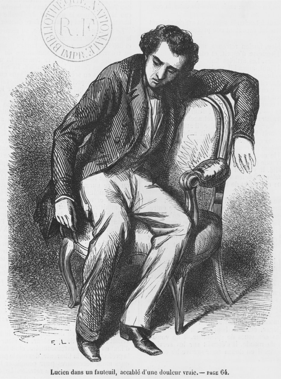 Lucien de Rubempre overveldet av sorg, illustrasjon fra 