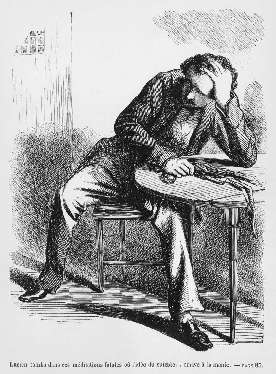 Lucien de Rubempre tenker på selvmord, illustrasjon fra Splendeurs et Miseres des Courtisanes av Honore de Balzac, utgitt 1867 av French School