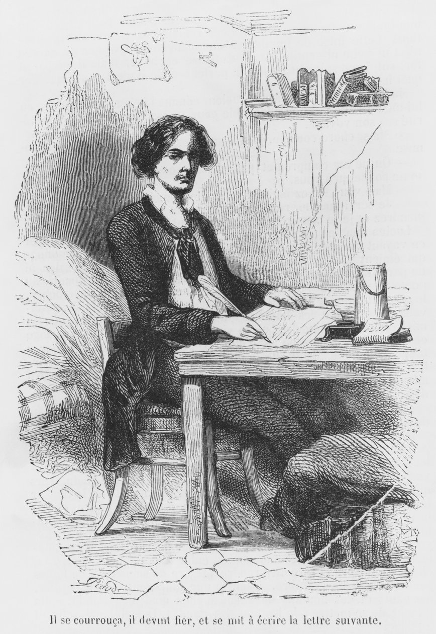 Lucien de Rubempre skriver et brev, illustrasjon fra 'Les Illusions perdues' av Honore de Balzac, gravert av Antoine Alphee Piaud (1800-tallet) av French School