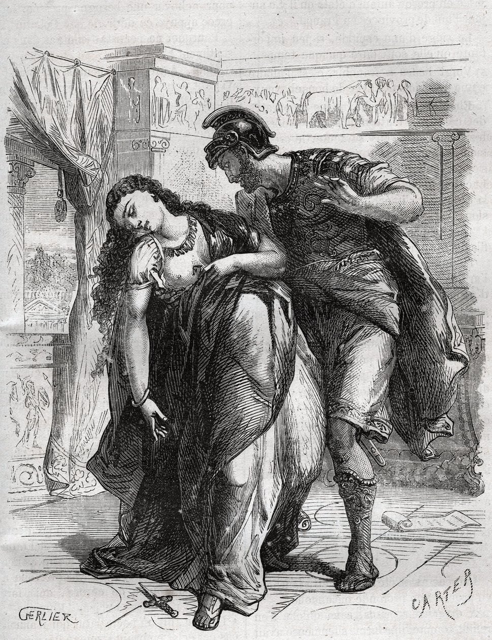 Lucreces død: Lucrece (Lucrezia, Lucretia, romersk dame på 600-tallet f.Kr.) ble offer for vold av sin fetter Sextus Tarquin, sønn av Tarquin den suverene. Hun begikk selvmord foran mannen sin, Lucius Tarquinius Collatinus, kjent som Ta av French School