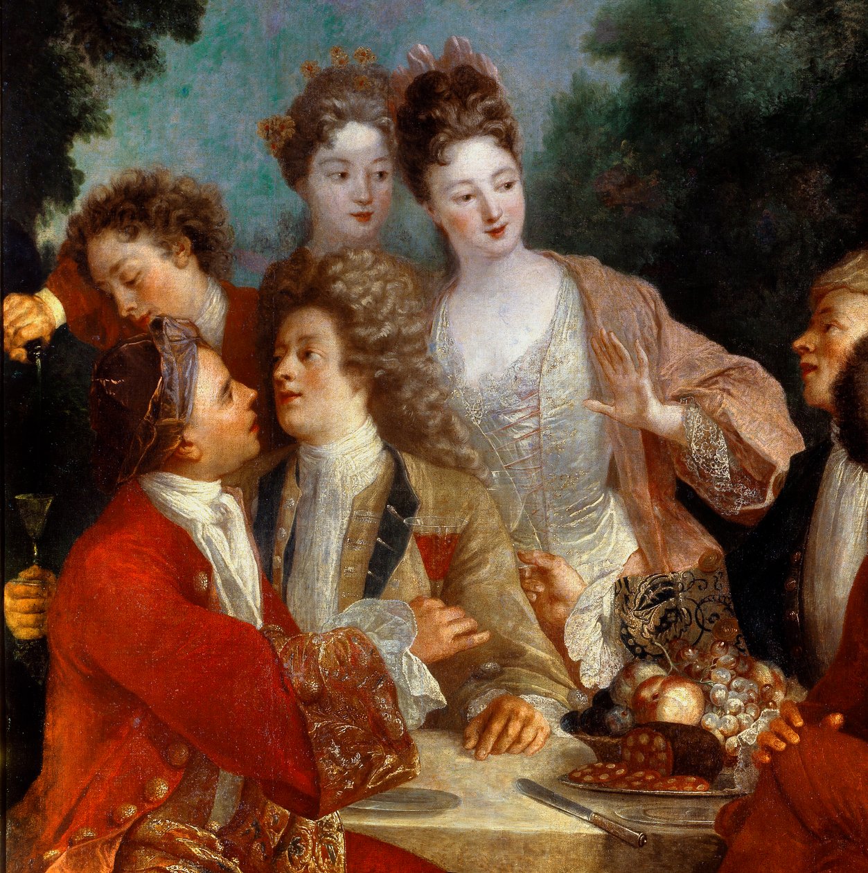 Lunsj i Parc Des nobles på en landsbankett. Detalj av maleriet av den franske skolen fra 1700-tallet. Orleans Museum of Fine Arts av French School
