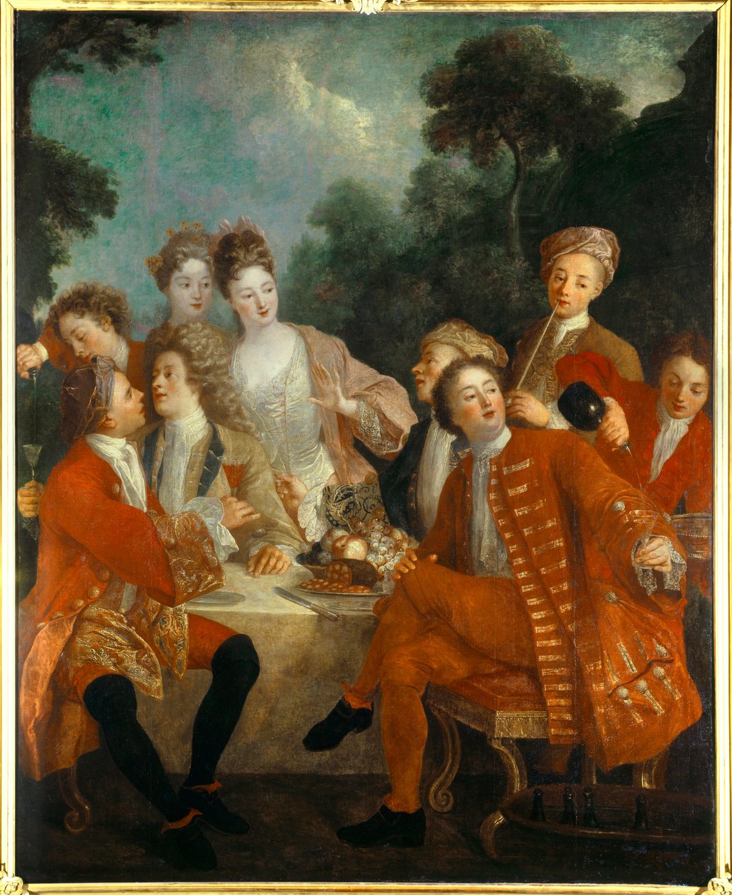 Lunsj i Parc Des nobles på en landsbankett. Maleri av den franske skolen på 1700-tallet. Orleans Museum of Fine Arts av French School