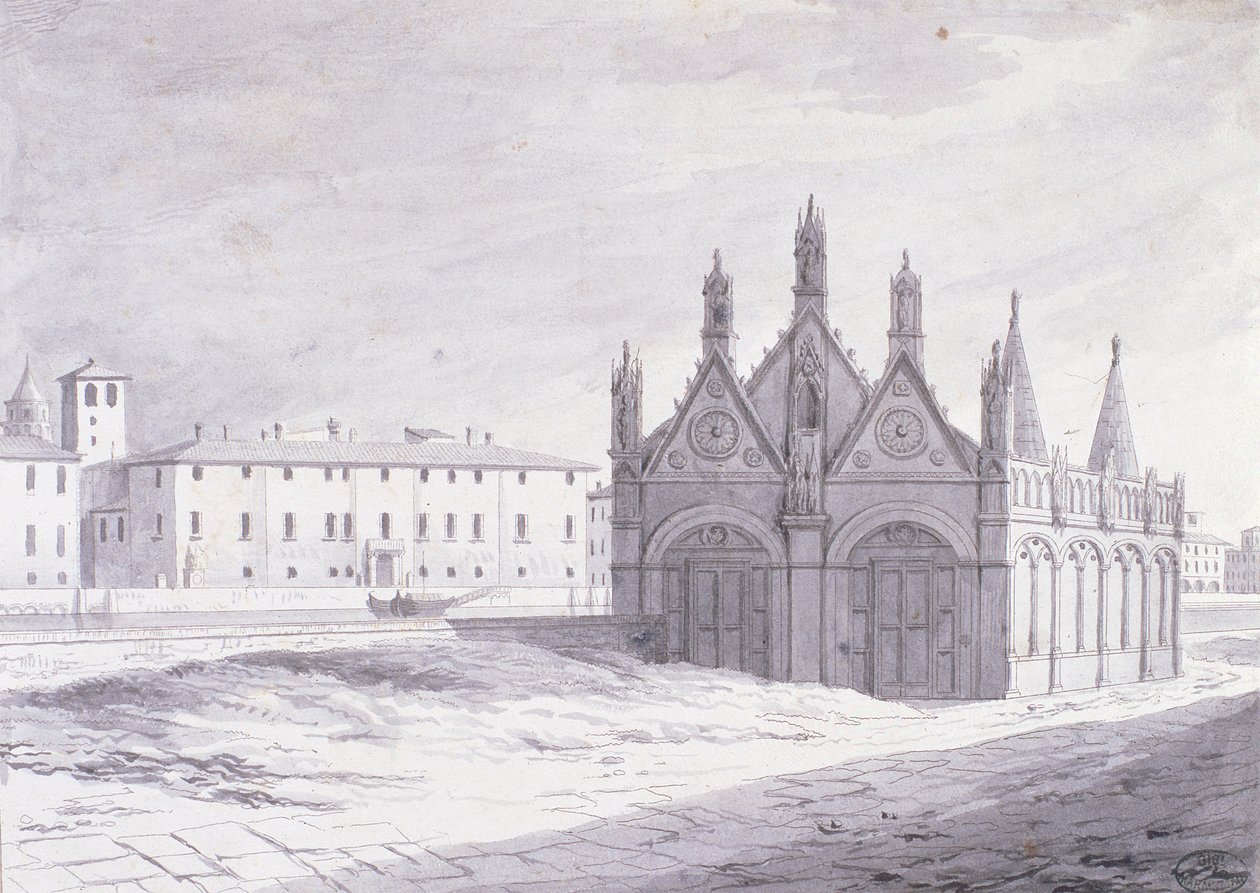 Lungarno, Santa Maria della Spina, Pisa (penn og blekk på papir) av French School
