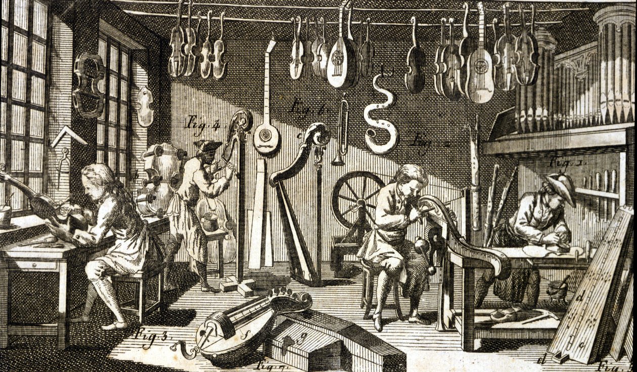 Luthiers verksted. Gravering - i Encyclopedia of Diderot and Alembert av French School