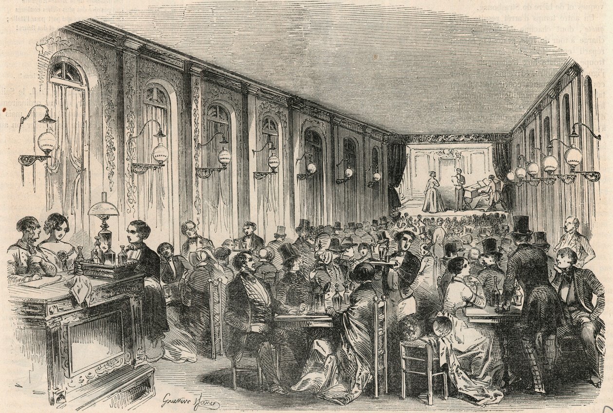 Lyrisk trykk av passasjen Jouffroy i Paris på 1800-tallet - Gravering i "" Tableau-de-Paris"" av Edmond Texier 1852 av French School