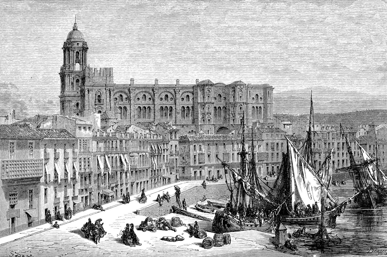 MALAGA, Spania i 1865 - Tegning av Gustave Dore 1865 av French School