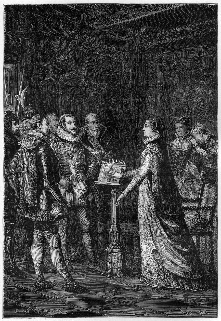 MARY STUART (1542-1587) Queen of Scots. Mary Stuart swearing that she has never plotted to take the life of Queen Elizabeth I of England - engraving from “L