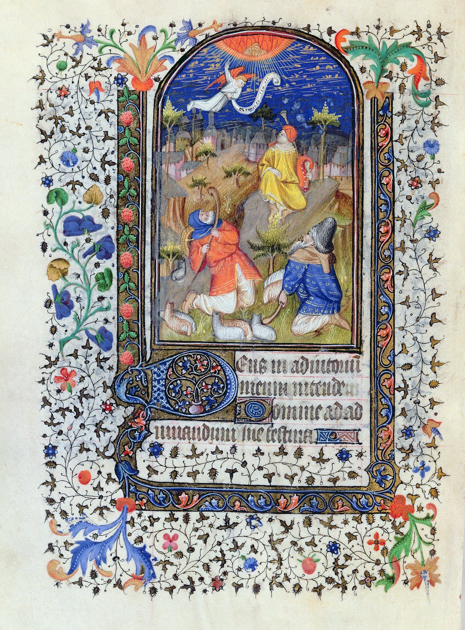 MS 1278 fol.106v Bebudelse til hyrdene, fra Heures a l