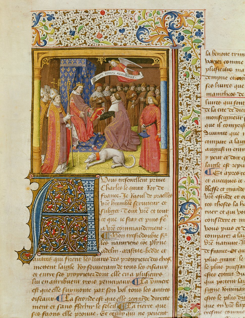 MS 246 f.1r Raoul de Presles presenterer sin oversettelse til Charles V (1338-80) fra La Cite de Dieu av St. Augustine, oversatt av Raoul de Presles (1316-82) ca. 1400-50 av French School