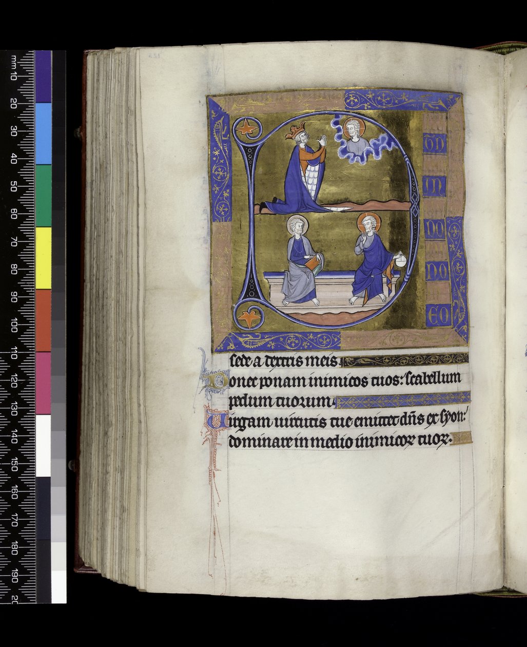 MS 300 f.125v, David ber til Gud (ovenfor); Gud med kule og Kristus med bok som sitter på benk (nedenfor), fra Psalter and Hours of Isabella of France, Paris, ca. 1265-70 (penn og blekk og tempera på pergament) av French School
