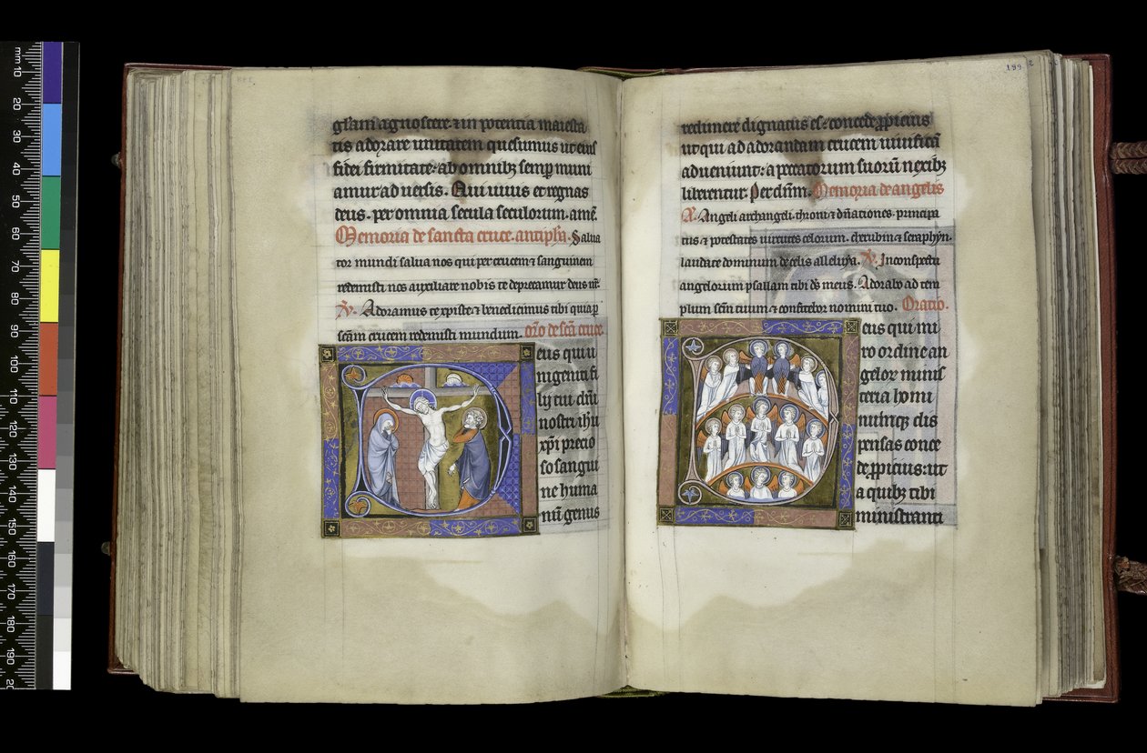 MS 300 f.198v-199r, Stemmerett til korset og stemmerett til engler, fra Salter og timer til Isabella fra Frankrike, Paris, ca. 1265-70 (penn og blekk og tempera på pergament) av French School