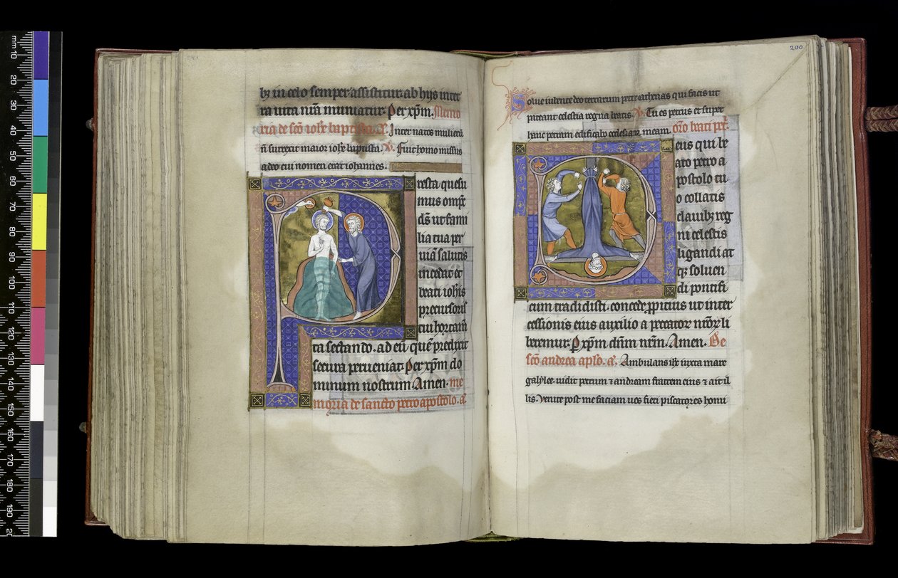 MS 300 f.199v-200r, stemmerett til døperen Johannes og stemmerett til St. Peter, fra Salter og timer til Isabella fra Frankrike, Paris, ca. 1265-70 (penn og blekk og tempera på pergament) av French School