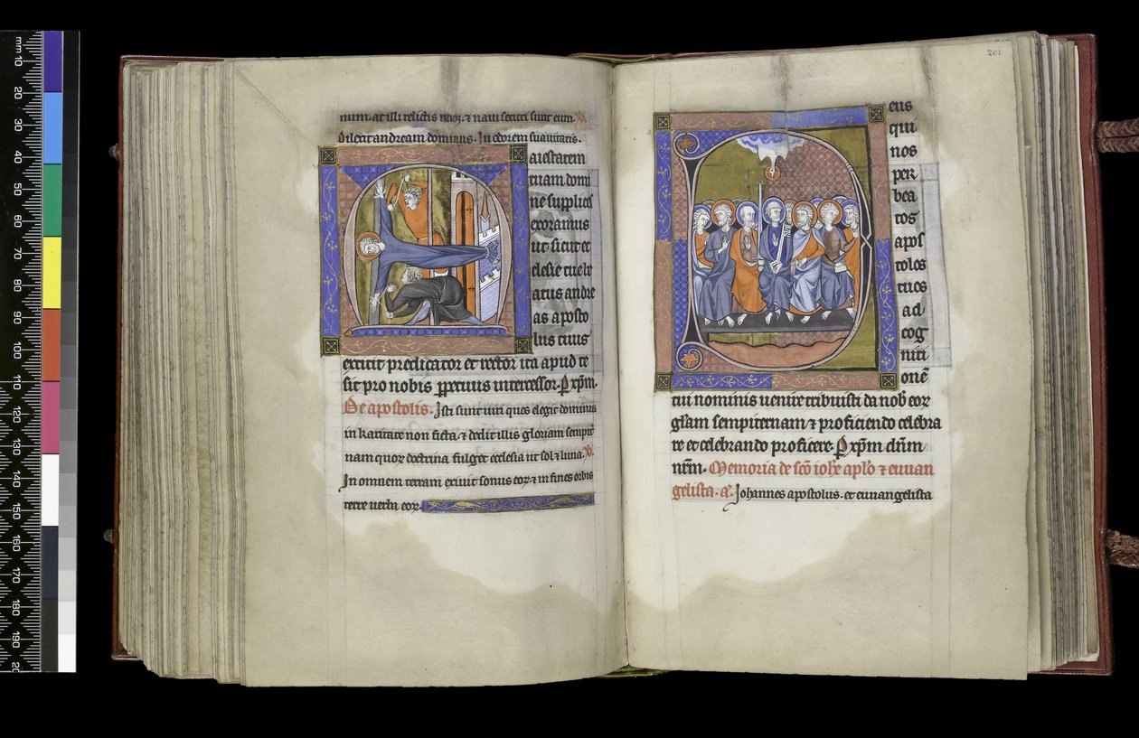 MS 300 f.200v-201r, Stemmerett til St. Andreas og Stemmerett til apostlene, fra Salter og timer til Isabella av Frankrike, Paris, ca. 1265-70 av French School